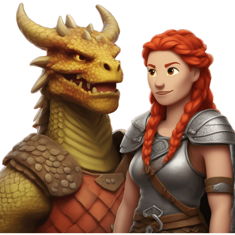 Viking red head dragon queen with a slain Viking solder with a man bun standing on a dragon flying over a volcano in a beautiful sky emoji