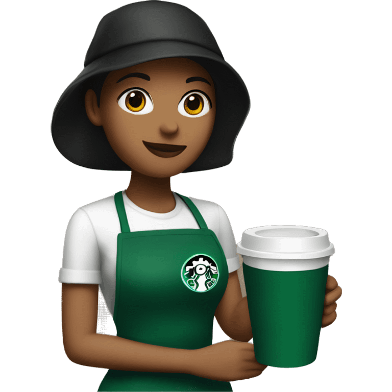 starbucks barista girl with green apron & black cap holding a hot cup of coffee emoji