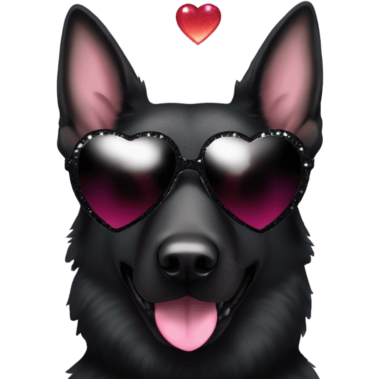 All black German shepherd with glitter and heart glasses emoji