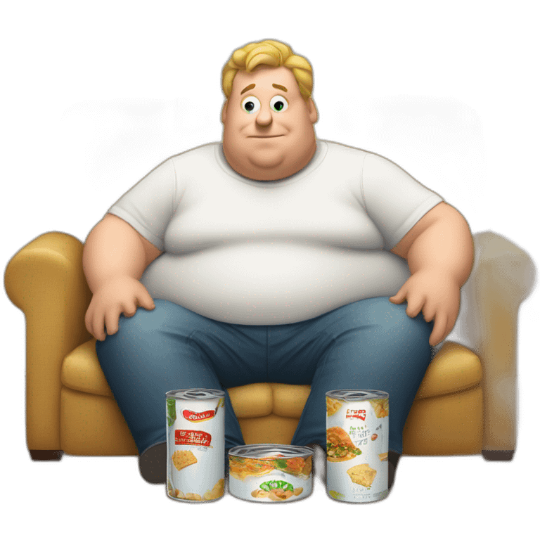 a fat white dude sitting on a couch gobbling down 3 tins of lasagna emoji