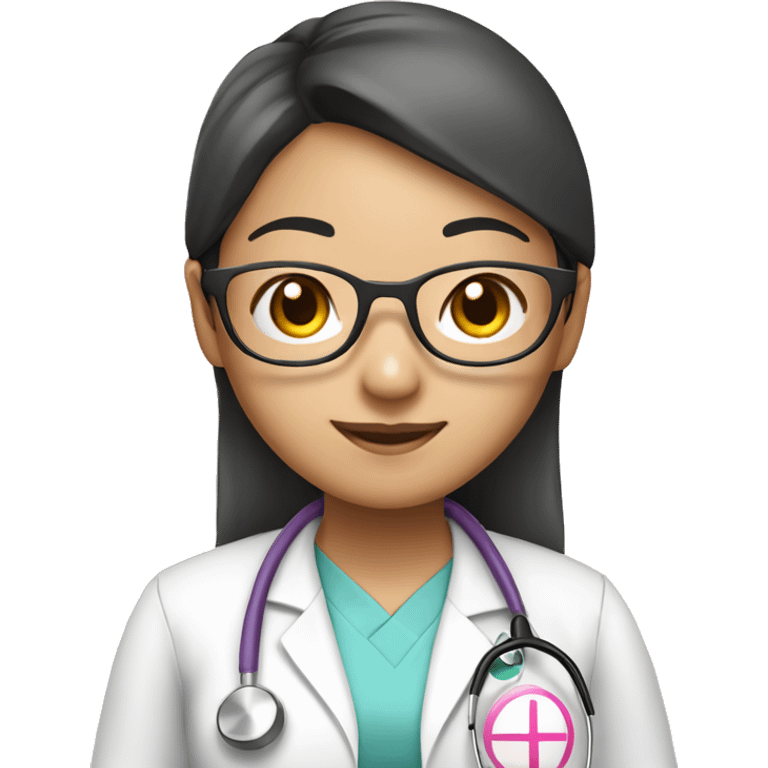 Asian girl with round glasses, wearing a pink nurse uniform (scrub) with a stethoscope emoji