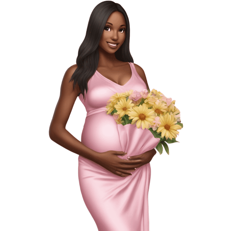 Realistic Photo of a Victoria secret model pregnant posing with flowers at her baby shower  emoji