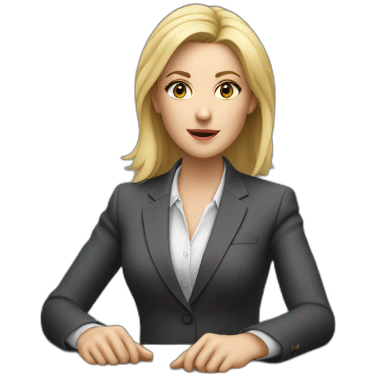 Blonde white woman wearing a suit sitting on the table telling the news towards the camera emoji