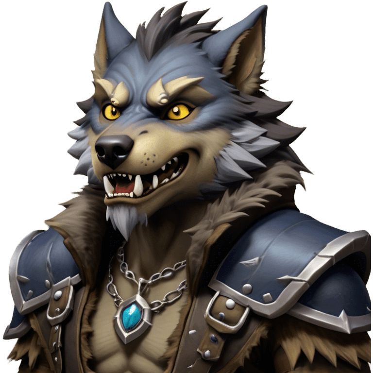 Cinematic Realistic WoW Worgen Portrait, head tilted dramatically with an exaggeratedly amused expression, blending ferocious beastliness with a touch of unexpected humor. His rugged fur, tanned skin, and worn leather garments are rendered with meticulous detail and dynamic lighting, high shine, dramatic yet whimsical, capturing the essence of a worgen whose epic might is tempered by a playful, irreverent charm. emoji