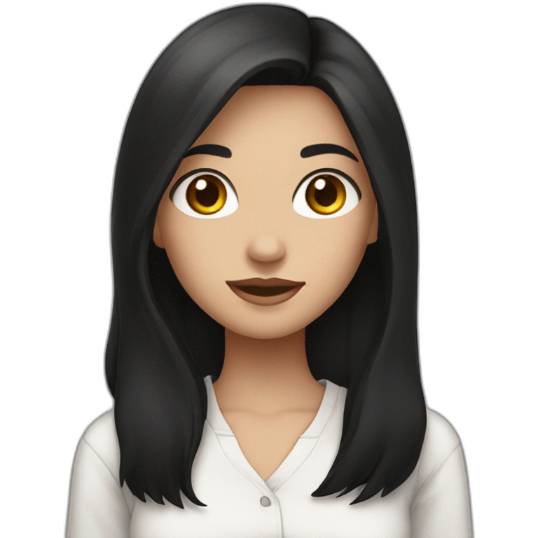 A girl with long black hair, brunette, wearing a white shirt, and brown eyes emoji