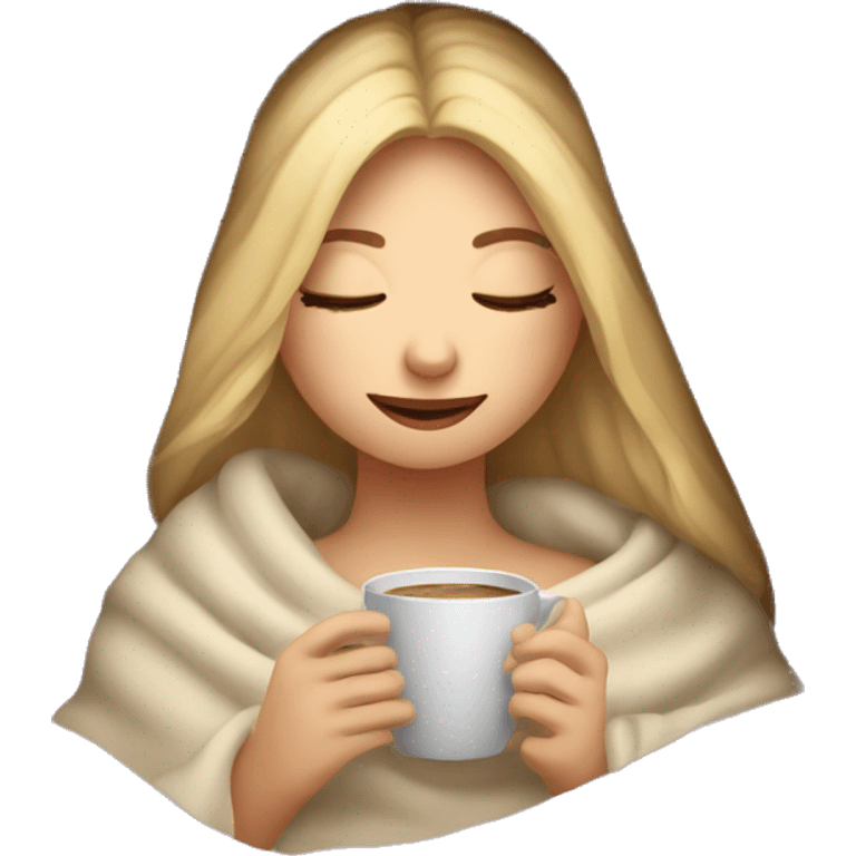 Blonde girl inside a blanket sipping coffee eyes closed emoji