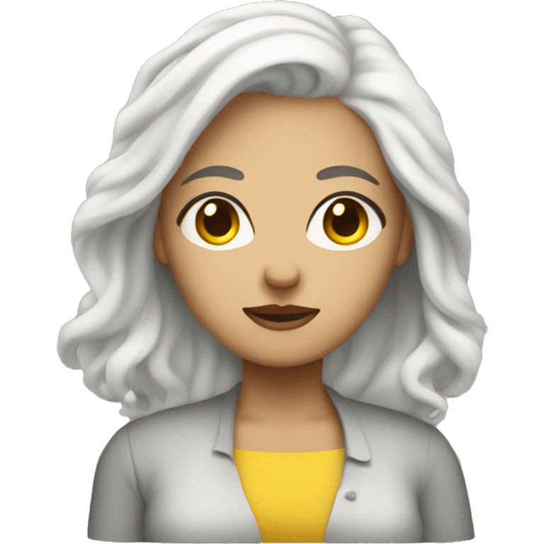 woman behind a mac, with white hair, two brown eyes, yellow skin emoji