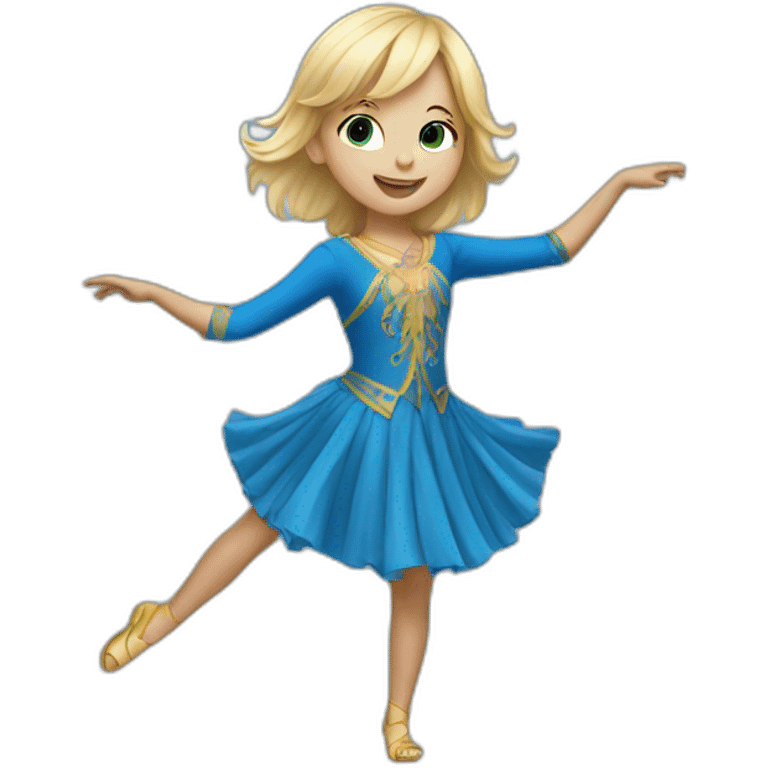 little blonde girl dancing in a blue bird costume emoji