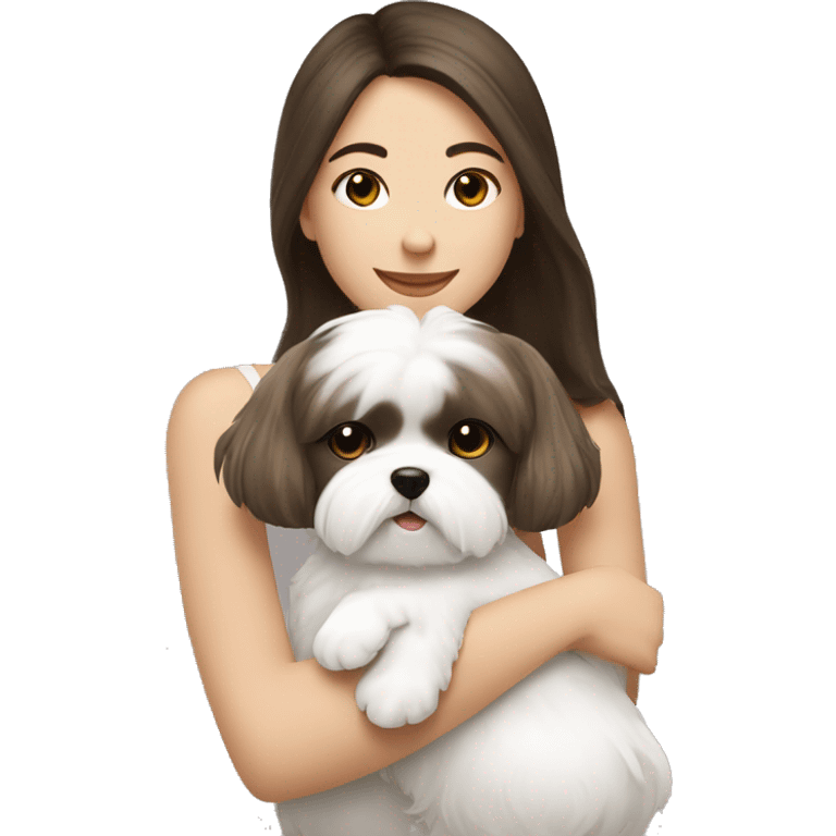 Brunette girl hugging her white Shih tzu emoji