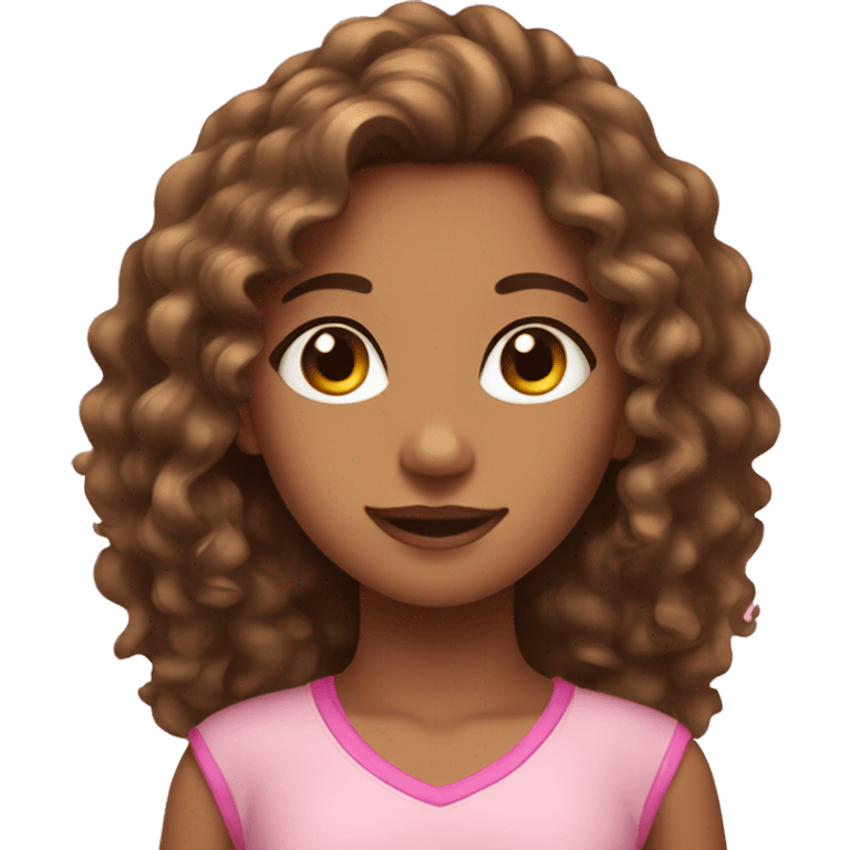 girl with long brown curly hair and tan skin wearing pink emoji