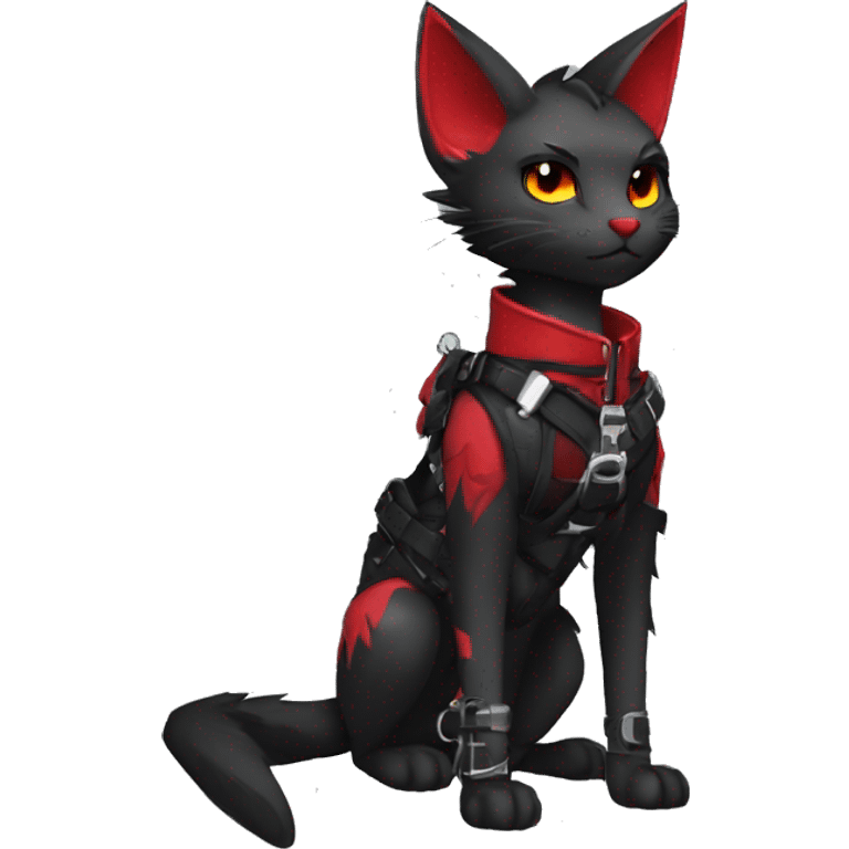 Anthro cool edgy elegant pretty black punk techwear red fantasy nargacuga-bat-cat-Fakemon collar harness warrior full body emoji