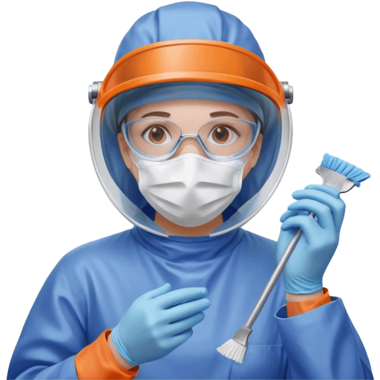 A meticulous cleanroom worker dressed in full protective gear, including a blue sterile suit, a face mask,  and orange gloves.  cleaning glasses with a wipe in one Hand emoji