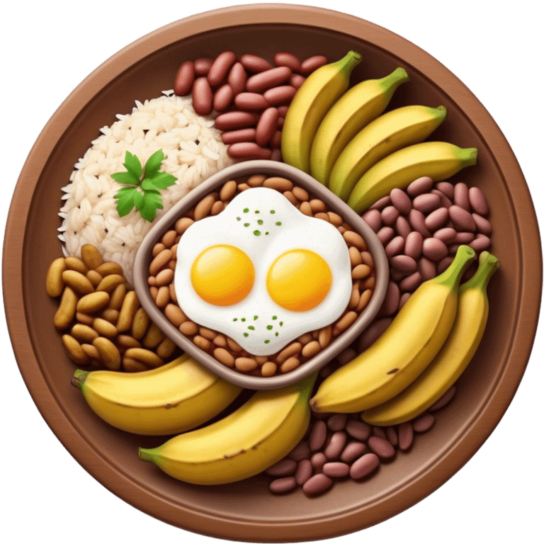 Cinematic Realistic Bandeja Paisa Dish Emoji, depicted as a hearty platter featuring beans, rice, meat, and plantains rendered with detailed textures and vibrant, robust lighting. emoji