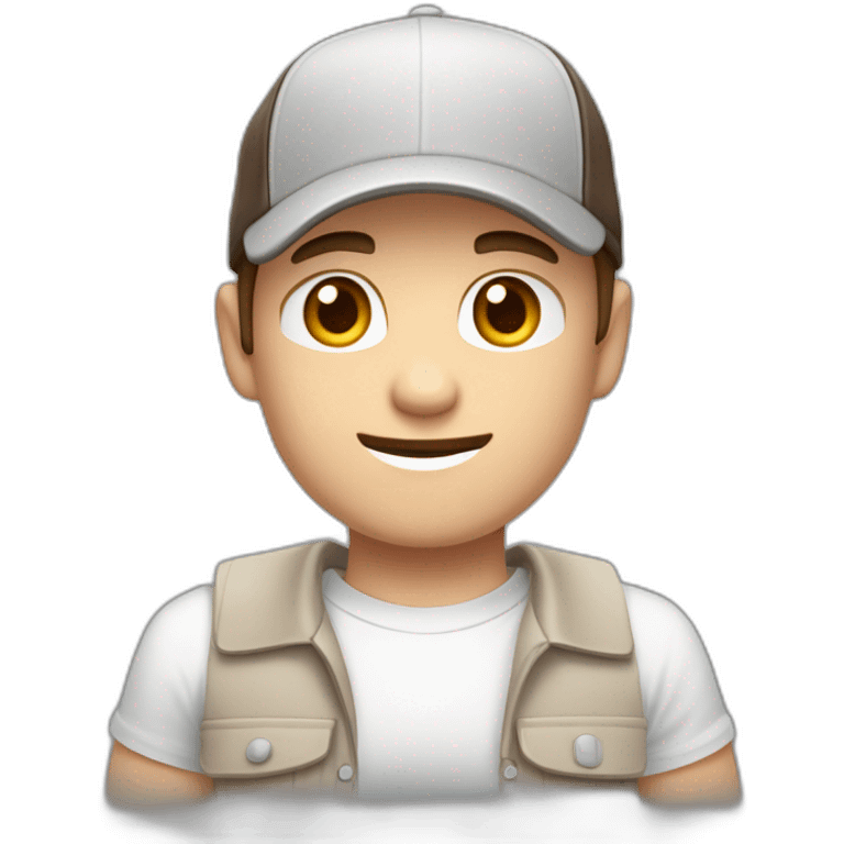 Pale skinned fit Man with dark brown hair in a light gray cap, dark brown jeans, brown polo and white T-shirt keeping a pasted with tape white box into his hands emoji