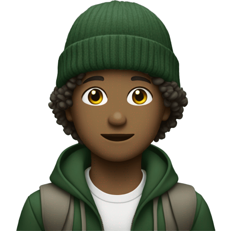 boy with curly hair and dark green sage beanie emoji