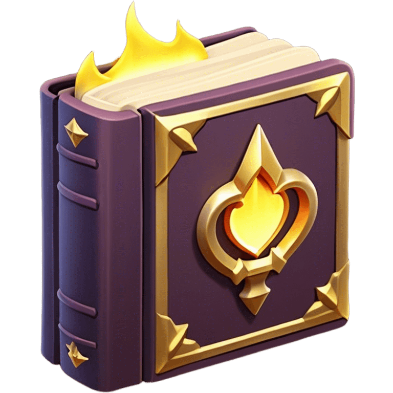 Clash of Clans aesthetic: Cinematic Playful 3D Isometric Spell Book Emoji, rendered in a 3D vector-style similar to standard emojis with minimal shading and bold, simplified shapes. A compact, distinct form with signature details, softly glowing with a fantasy RPG magic charm. Simplified yet unmistakably iconic, highly detailed and consistent, glowing with a soft radiance and high shine. Stylized with a touch of heroic grandeur and a soft glowing outline, capturing the essence of a beloved gaming relic with a friendly, playful manner! emoji