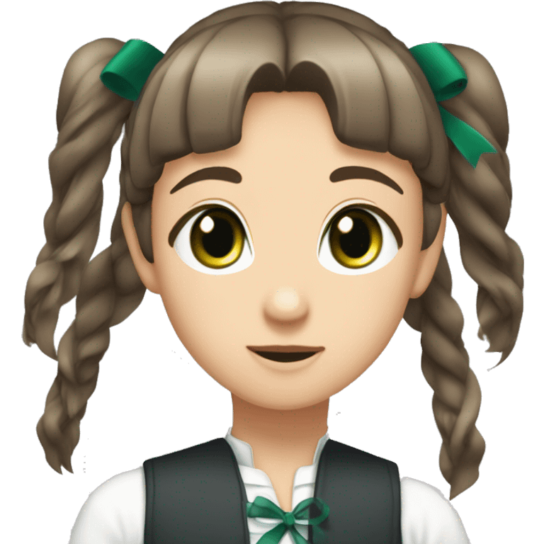 (masterpiece), top quality, expressive eyes, perfect face, mackerel, ddlconics, blunt bangs, brown hair, (green eyes:1.5), long hair, ponytail, ribbon, white ribbon, hair ribbon, side locks, emoji