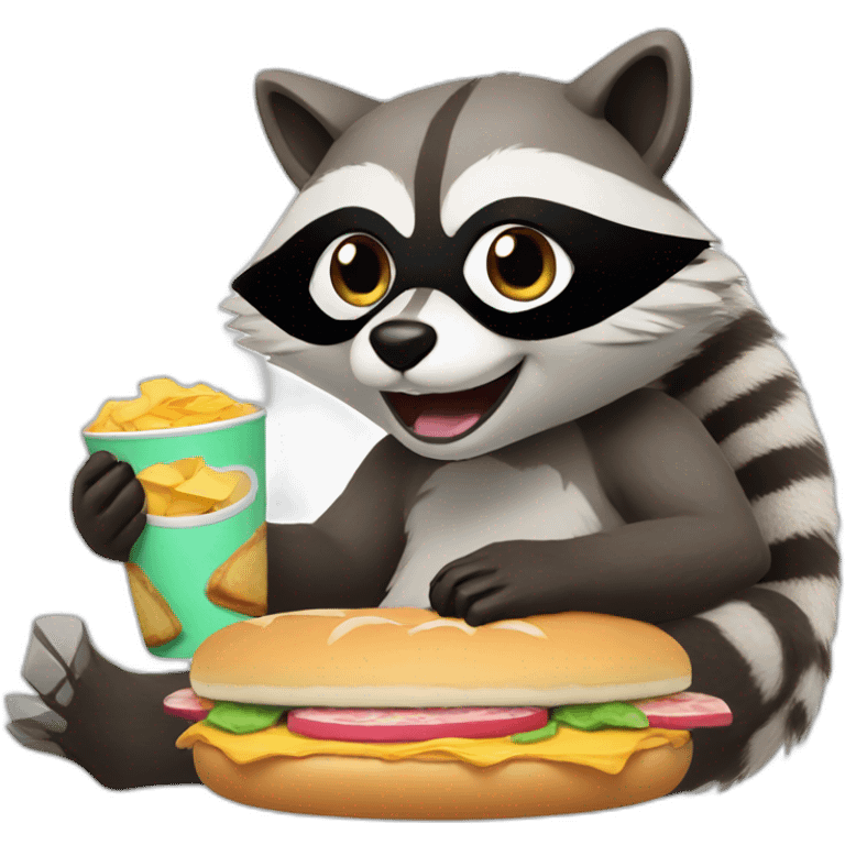 racoon eating a breakfast sandwich playing video games emoji