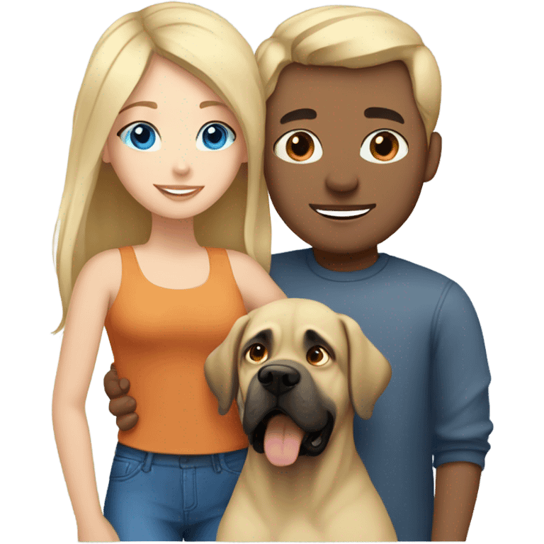 Brunette blue eye man and blonde blue eye girl hugging an English mastiff dog emoji