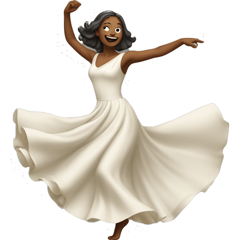 An emoji of a dancing woman wearing a flowing dress, mid-dance with one arm raised and a joyful expression emoji