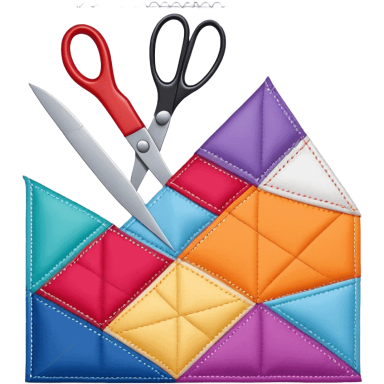 Patchwork icon, colorful quilt with sewn-together fabric pieces, visible stitching, scissors, thread, and sewing needles, minimalistic style, clean lines, transparent background. emoji