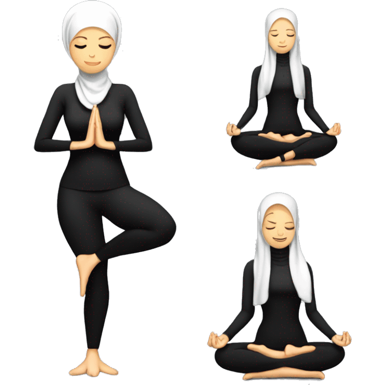 Slender woman in black suit and hijab for yoga with amulet sits in lotus pose with eyes closed emoji