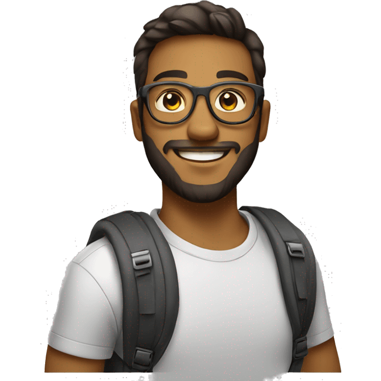 Tech geek student wearing a pair of glasses with slight beard on his face with a good smile and having a backpack on either side of his shoulder  emoji