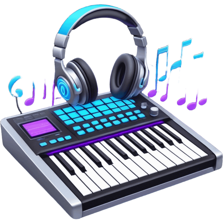 Create a sleek and professional emoji that represents sound design equipment. The design should feature a sound mixing console with faders, a synthesizer, and studio headphones to symbolize the tools used in sound design. Add waves of musical notes surrounding the equipment to represent the dynamic nature of sound creation and manipulation. Use colors like neon blue, purple, silver, and black to convey a modern, creative, and technical vibe. The background should be transparent. emoji