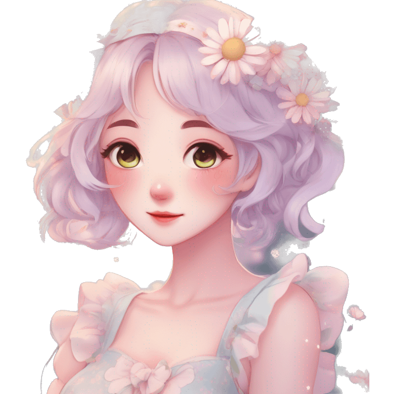 Gorgeous pastel anime style lady with blushing face and daisies cottagecore fairycore pastelcore colorful pearly romantic simplistic aesthetic trending style emoji