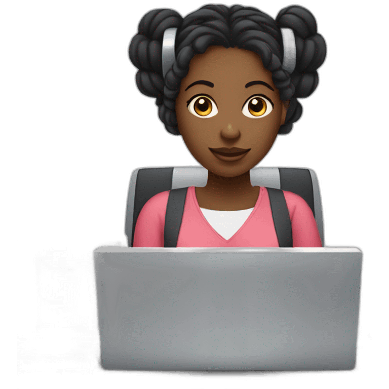 A black woman with space buns behind a computer screen, working in the field of technology emoji