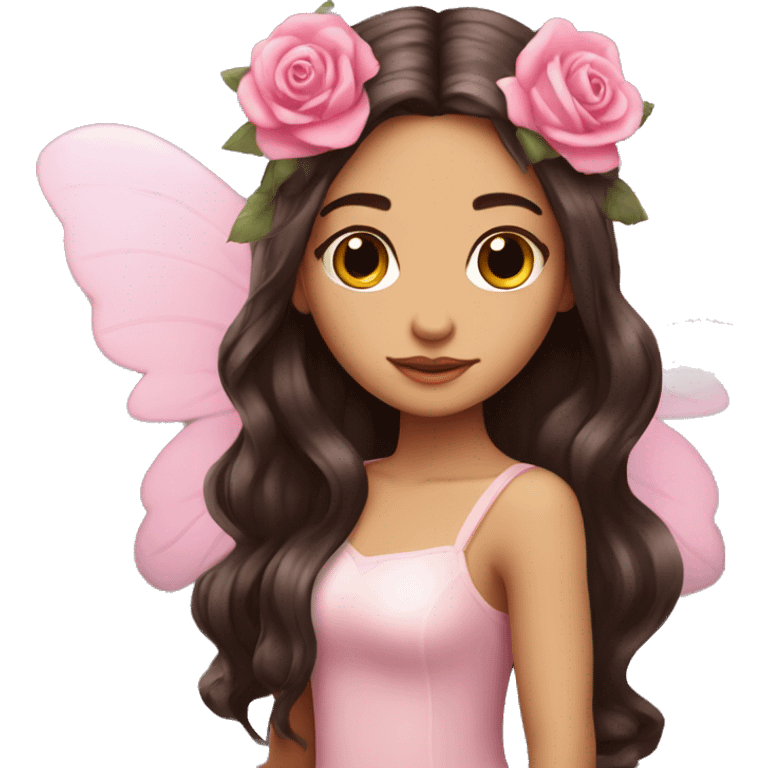 Beautiful, rose, fairy, pink, flowers in hair, long dark brown hair, big wings, fair skin emoji