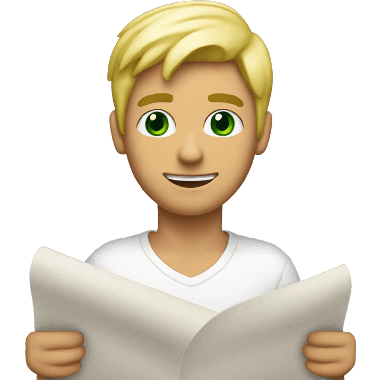 a light-skinned blonde green-eyed male person sitting in front of the long white paper scroll emoji