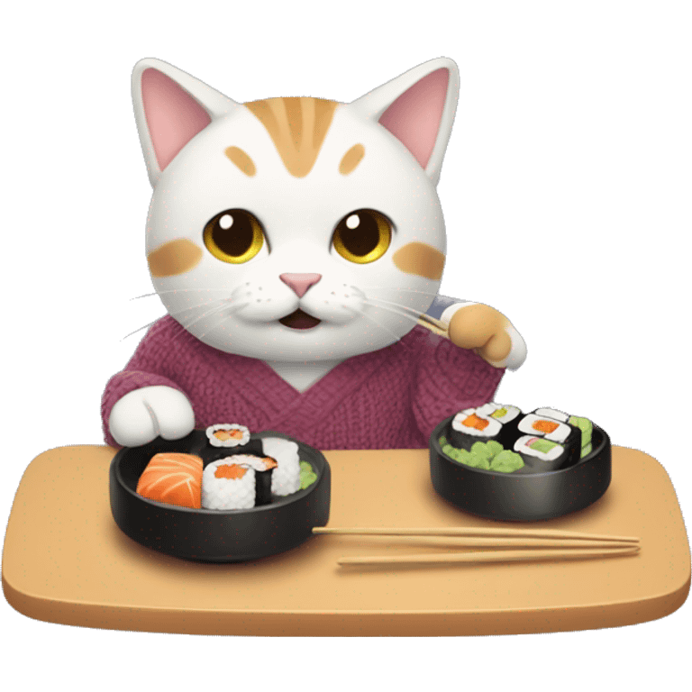 A cat wearing a sweater eating sushi  emoji