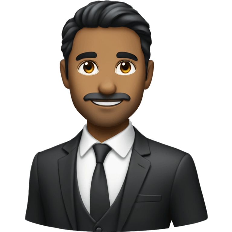 create a gentleman who looks sharp like a CEO with a black suit, sharp facial features, black hair, black eyes, indian face, good skin tone, with stubble beard and sharp nose and eyes emoji