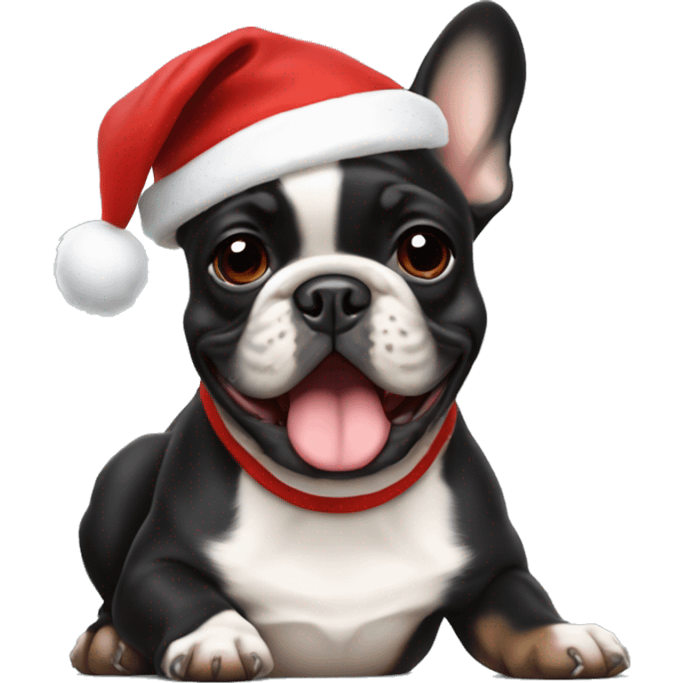 A small, black-and-tan French bulldog with a mostly black face and tan paws, wearing a classic red and white Santa hat, sitting happily with its tongue slightly out. emoji