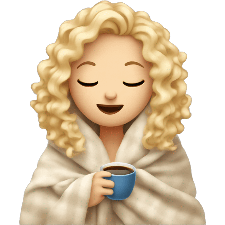 Blonde  hair curly girl inside a blanket sipping coffee eyes closed emoji