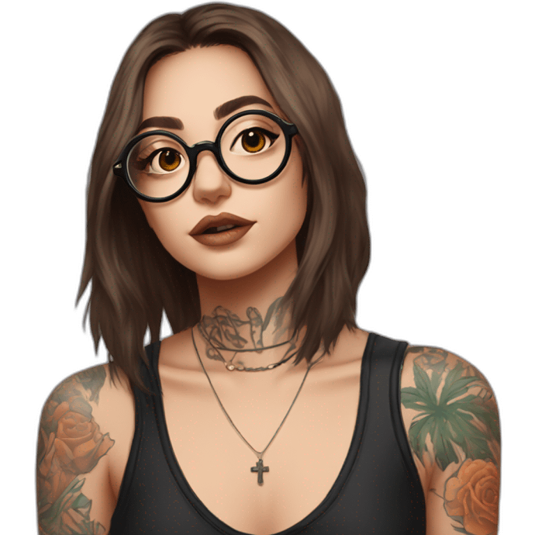 shoulder length brown hair e-girl with cross tattoo under cheek and round black glassess emoji