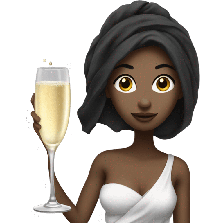 Girl with white towel wrapped around hair holding a champagne glass and bottle in black high heels  emoji