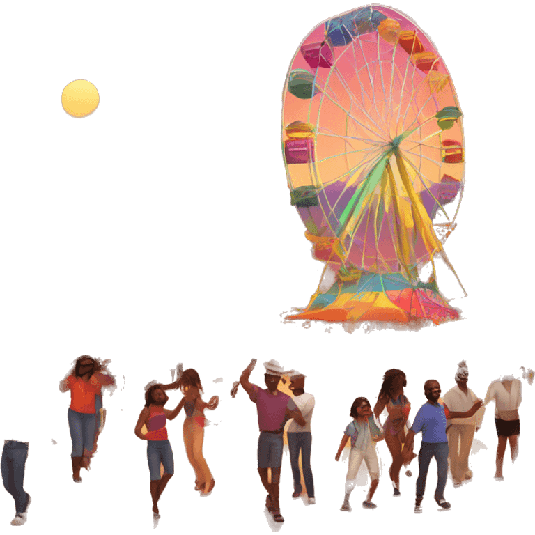 A colorful desert festival scene with palm trees, Ferris wheel, and people dancing under a sunset sky. emoji