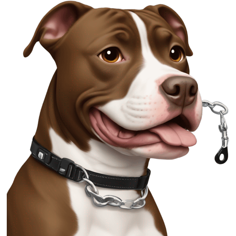 Brown pitbull with white marks, with uncropped ear, smiling with black body leash emoji