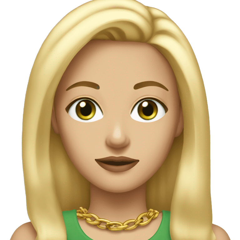 white woman with green eyes and straight blonde hair wearing gold chain necklace   emoji