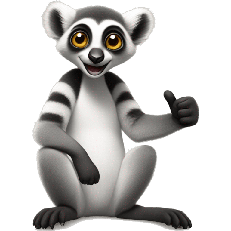 A smart lemur sits sideways, looks at us, shows a thumbs up on its upper paw and smiles emoji