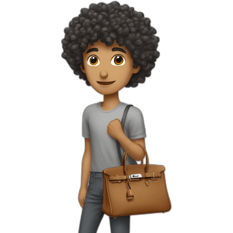 Handsome skinny latino with curly hairs wearing a grey hermes Birkin bag emoji