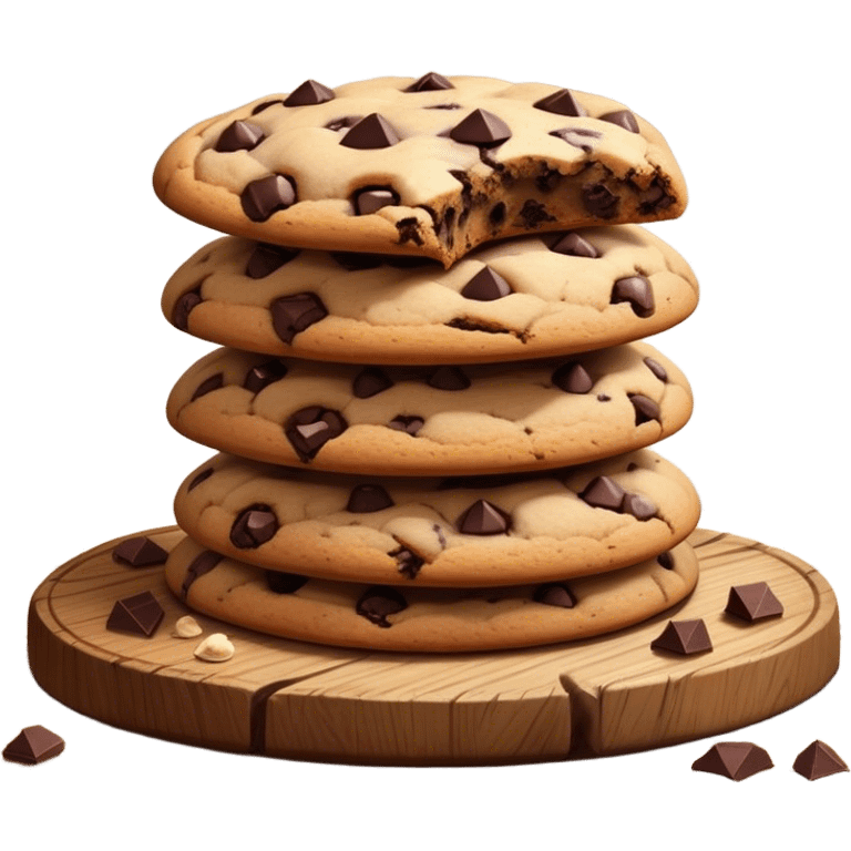 Cinematic crunchy chocolate chip cookies, freshly baked, golden-brown with gooey melted chocolate chunks, stacked on a rustic wooden plate, soft warm lighting, cozy and delicious. emoji