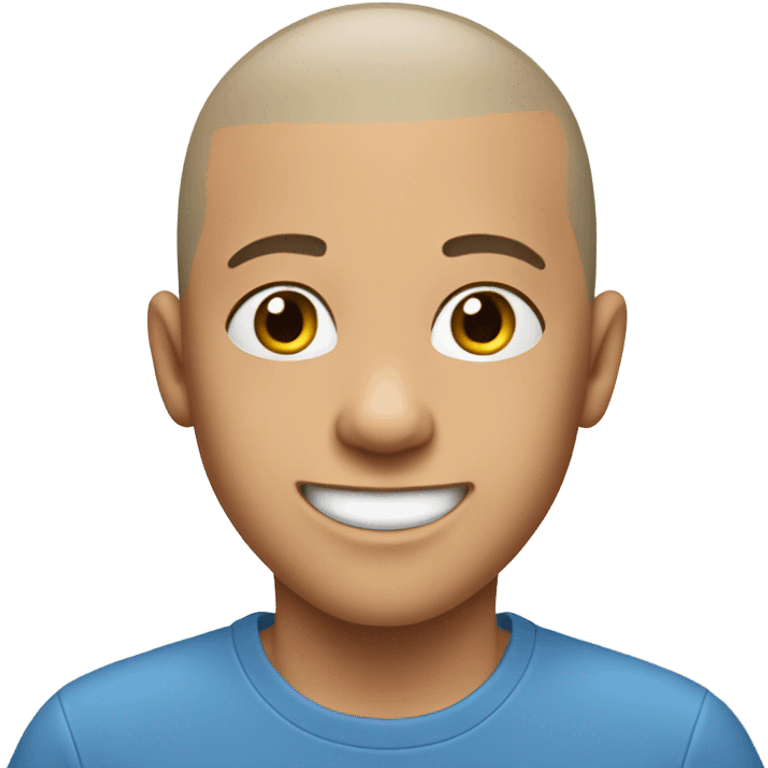 smiling boy in blue shirt with shaved head emoji