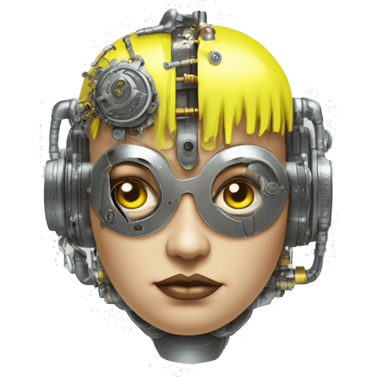 Fat faced Caucasian female cyborg head with Neon yellow bobbed hair, silver steampunk goggles and circuits emoji