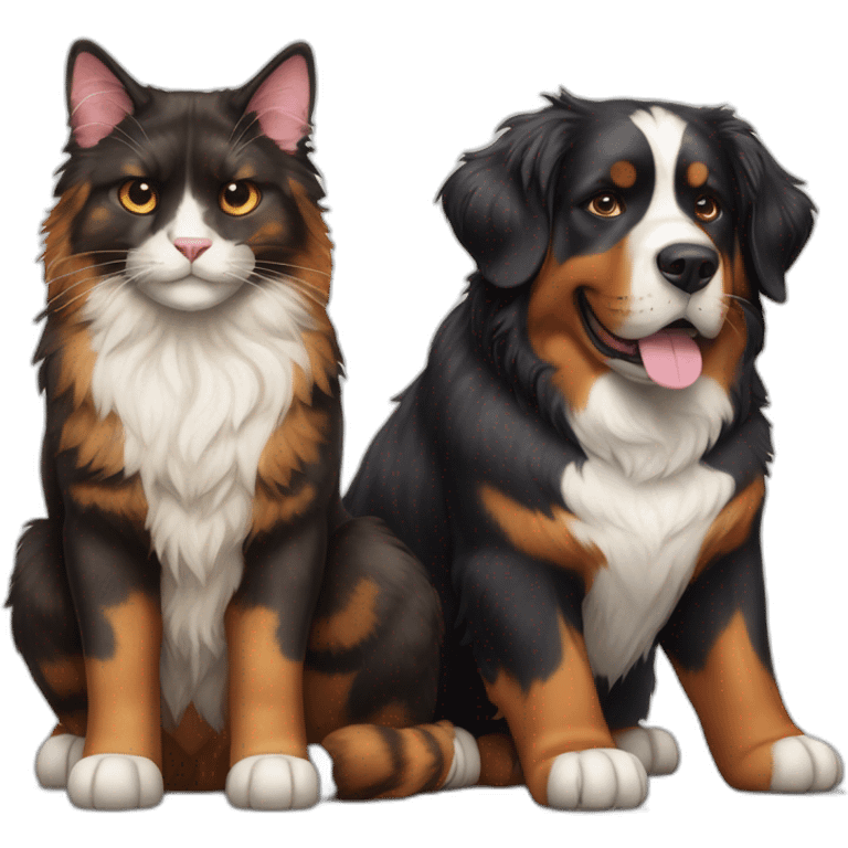 A Bernese dog next to A tortoiseshell cat without white emoji