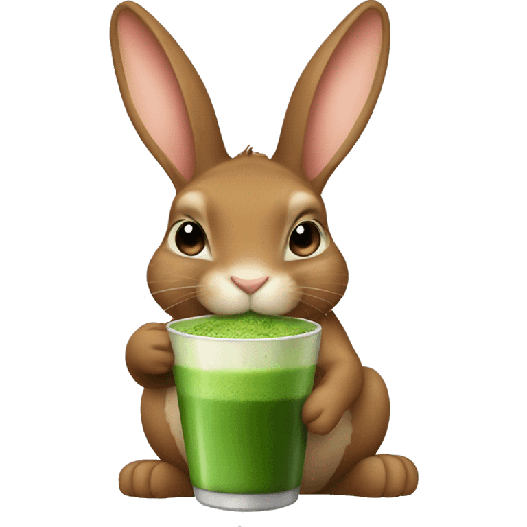 Flemish giant brown bunny drinking matcha emoji