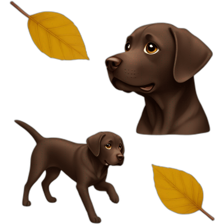 Chocolate labrador playing with leaves emoji