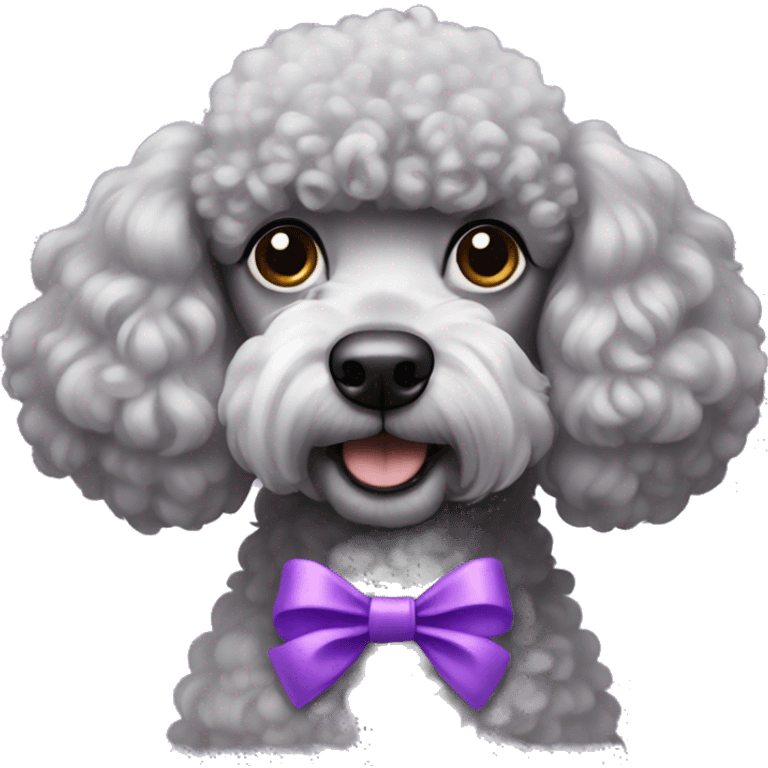 Grey poodle dog with two purple bows on top of head emoji